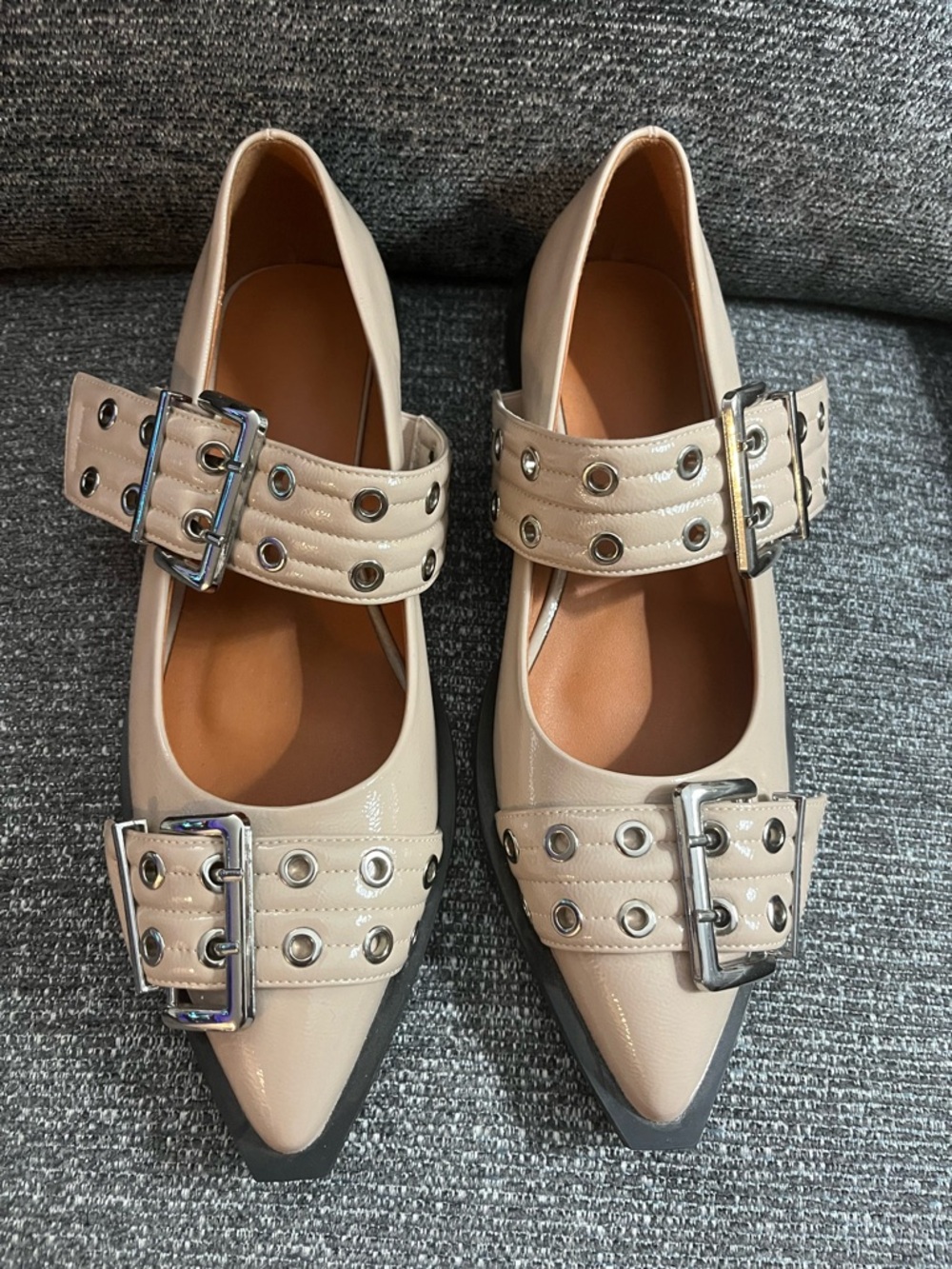 143–Patent Beige Mary Jane Flats with Studded Buckle Straps